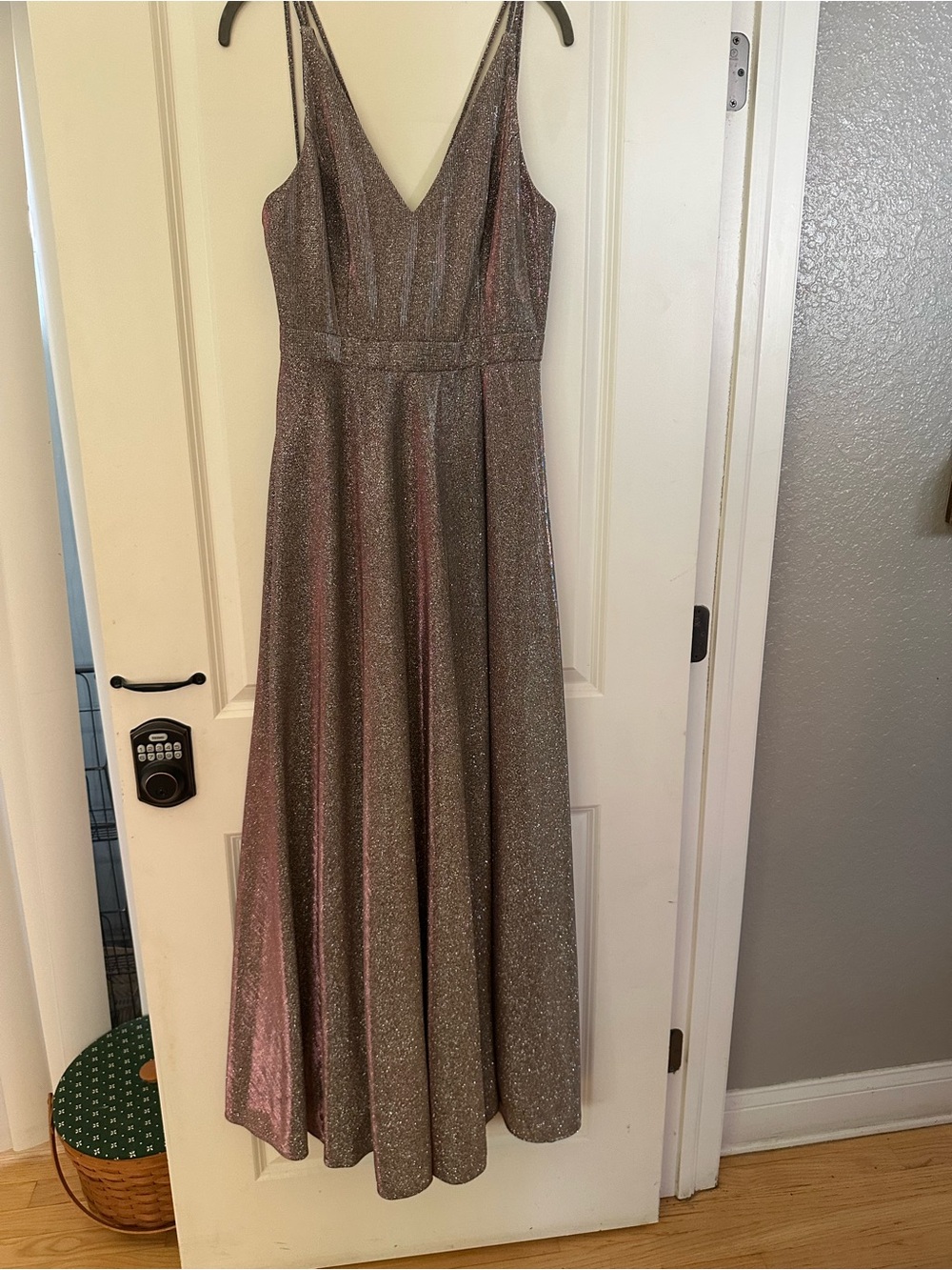 Sparkling Metallic silver Evening Dress with V-Neck